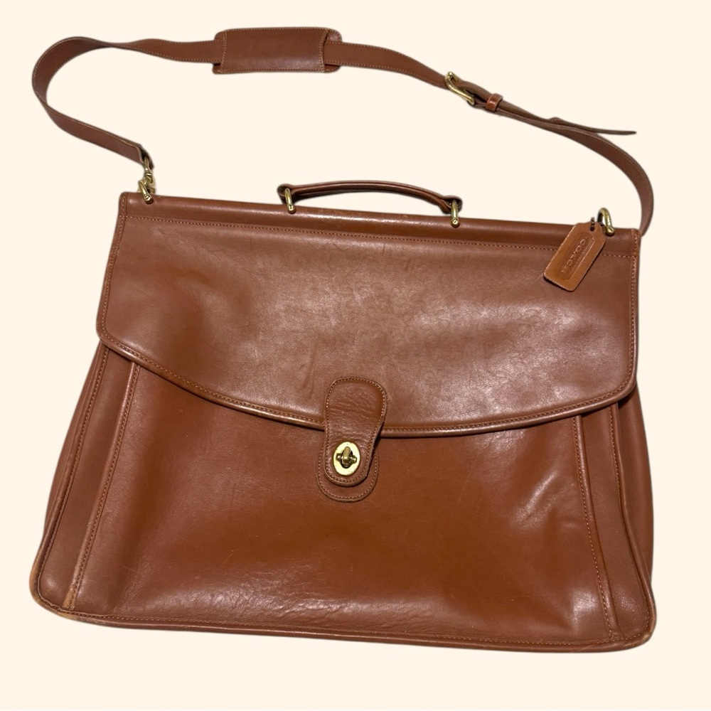 Vintage Coach Brown Leather Briefcase with Top Handle and Shoulder Strap